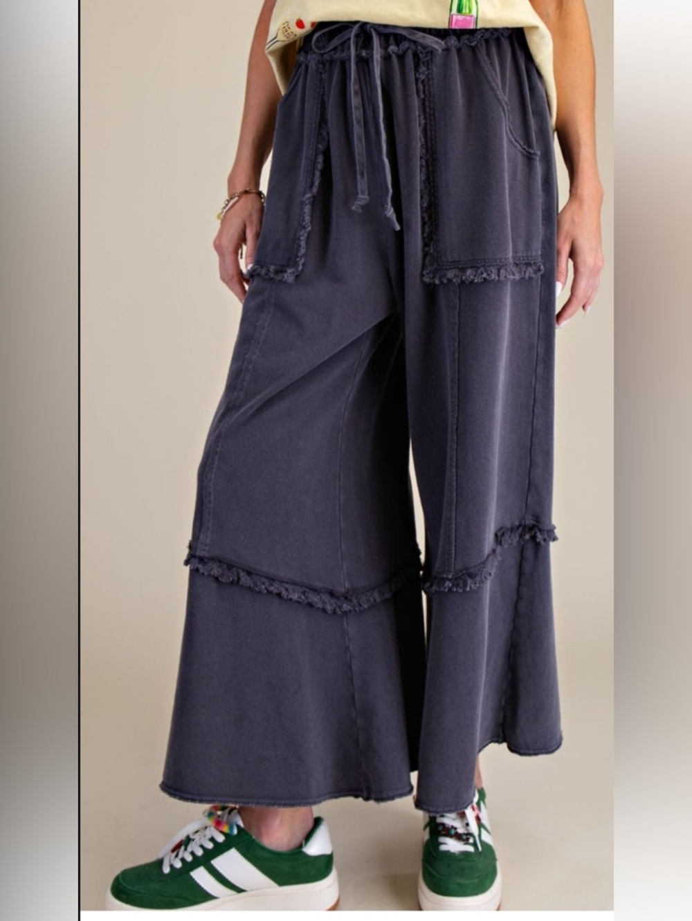 333 1X -3X EASEL ash black WIDE LEG WASHED TERRY PANTS